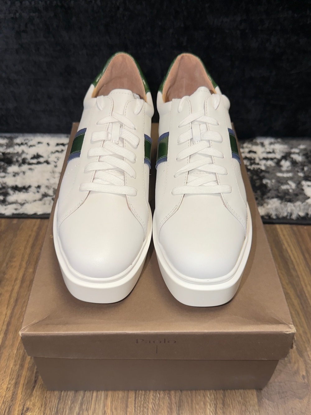 Paolo Cream Leather Sneakers with Blue & Green Side Stripe